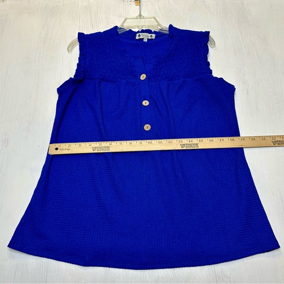 Wilde Royal Blue Sleeveless Smocked Henley Top L Ruffle Trim Button Front - Picture 4 of 8